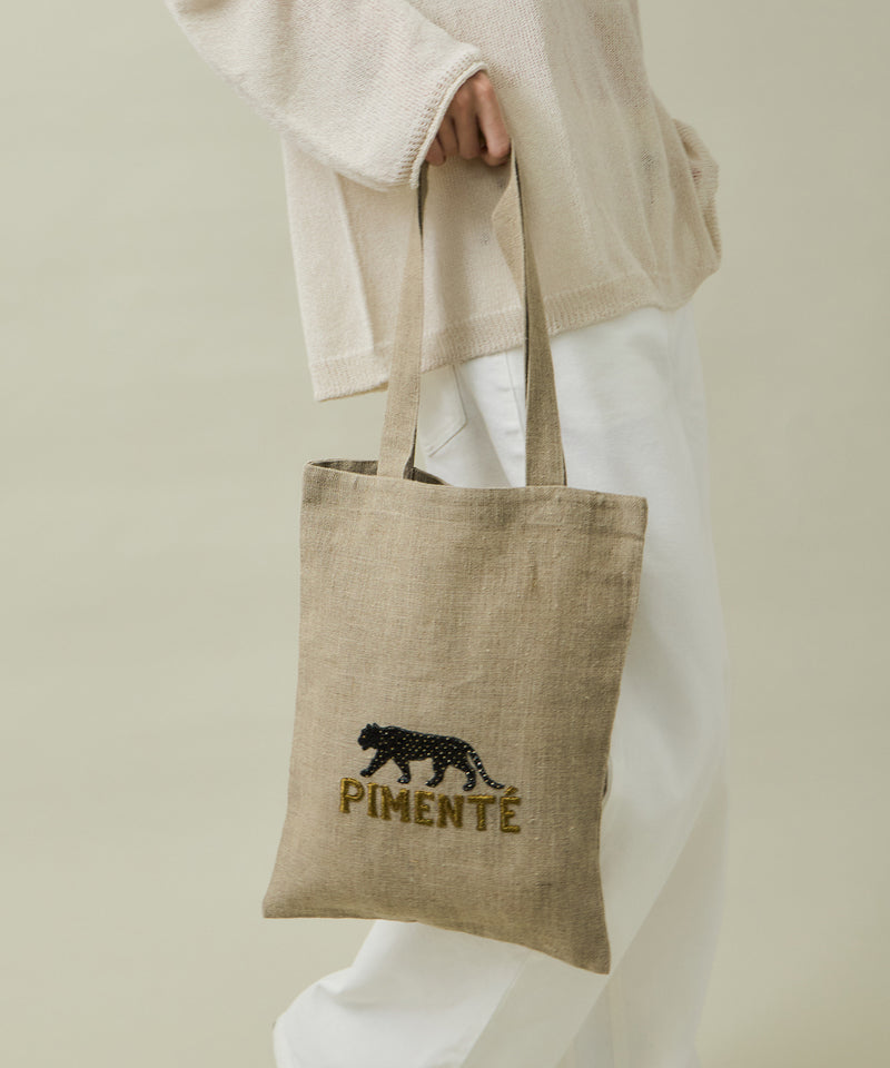 【予約】リネン パンサー 刺繍 トートバッグ