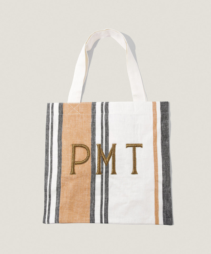 リネン 刺繍 トートバッグ マルチストライプ