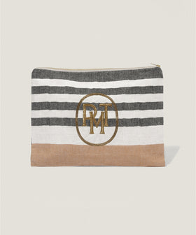 リネン シシュウ ファスナー ポーチ マルチストライプ L